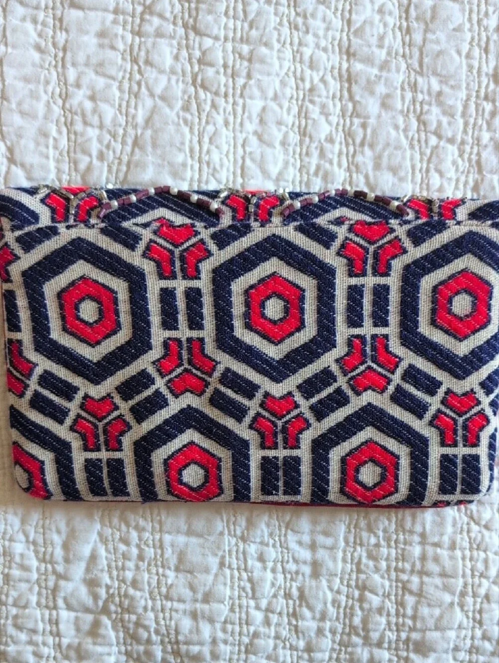 Embroidered Navy & Pink Geometric Beaded Clutch